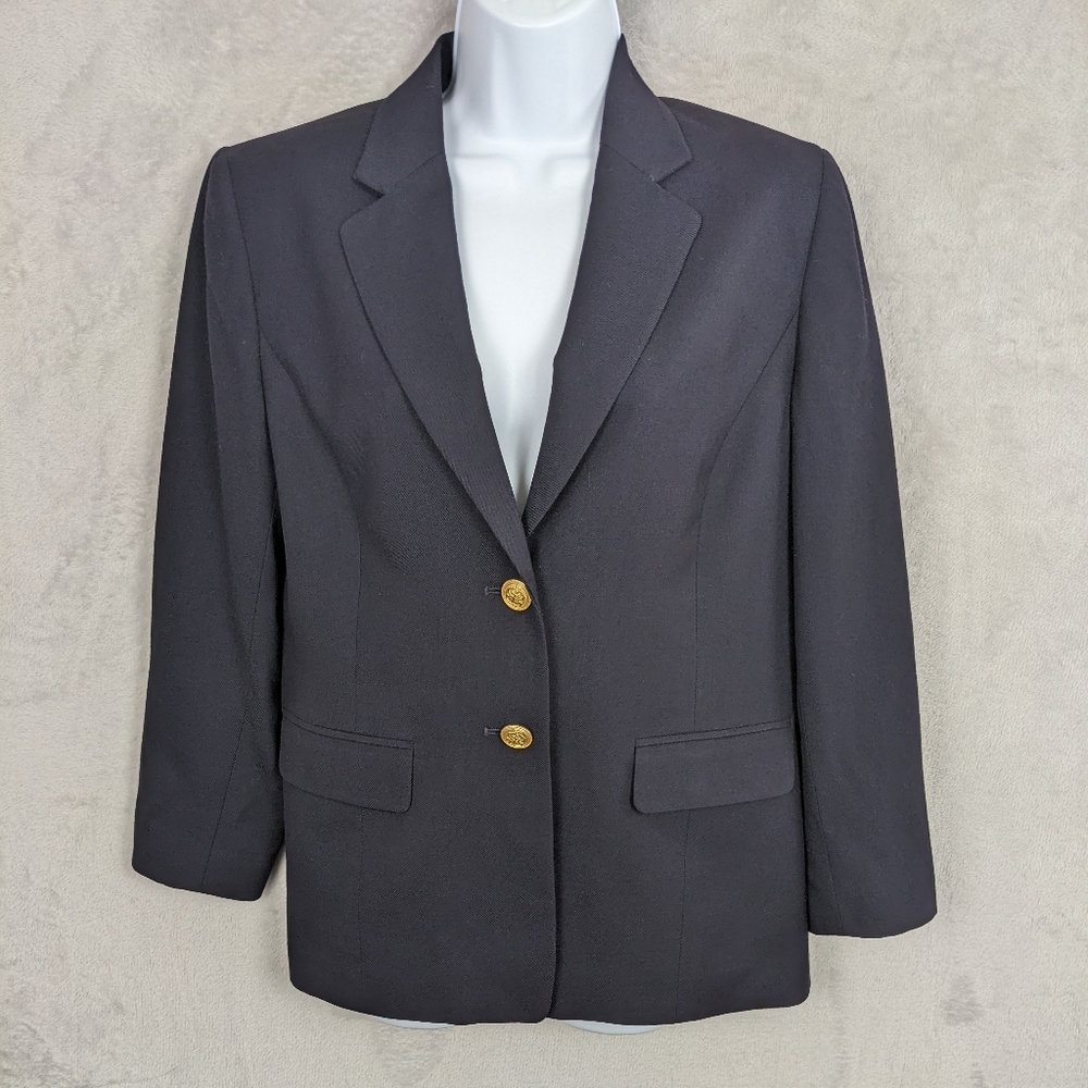 Talbots Blazer Jacket Women 8 Petite Blue Wool Vtg Gold Buttons Career Office